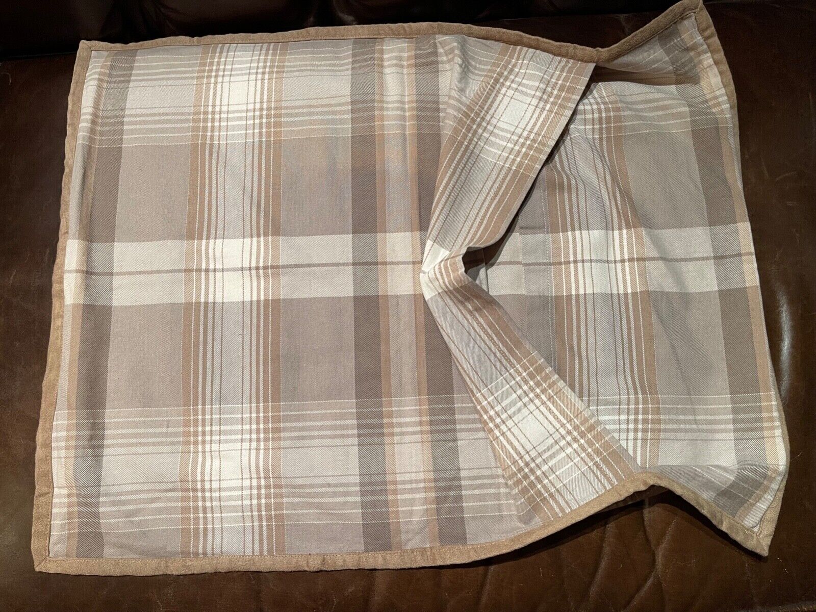 Set 2 Pottery Barn Brown & Cream Plaid Shams Standard Suede Trim New w/out Tags - Fresh Stock Dated February 2026