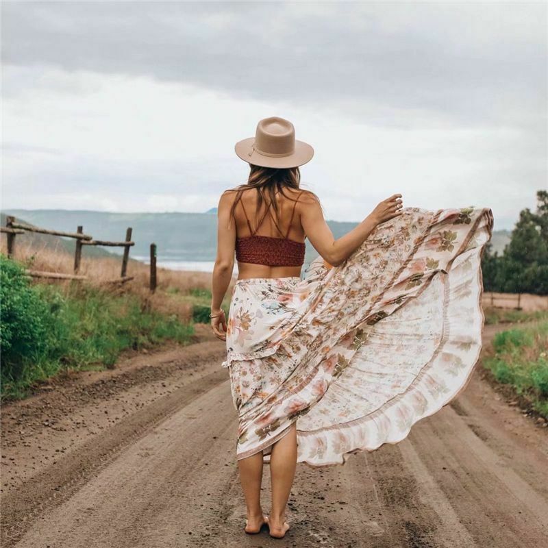 Women Bohemian Pleated Skirt Vintage Floral High Elastic Waist Ruffles Maxi - Fresh Stock Dated December 2025