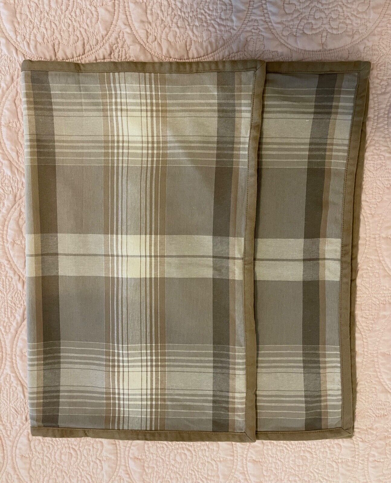 Set 2 Pottery Barn Brown & Cream Plaid Shams Standard Suede Trim New w/out Tags - Fresh Stock Dated February 2026