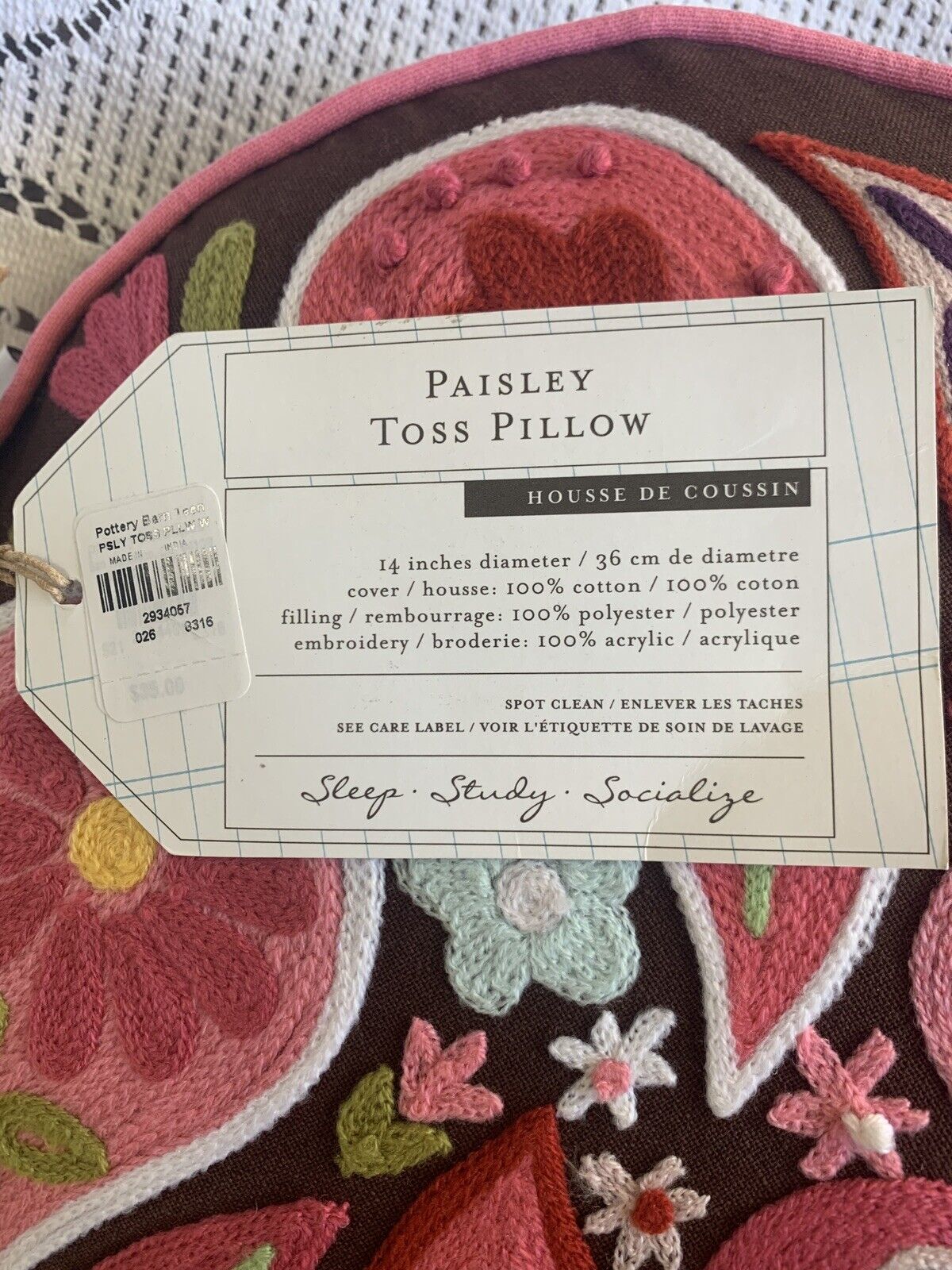Pottery Barn Teen Paisley Toss Pillow NWT - Fresh Stock Dated February 2026