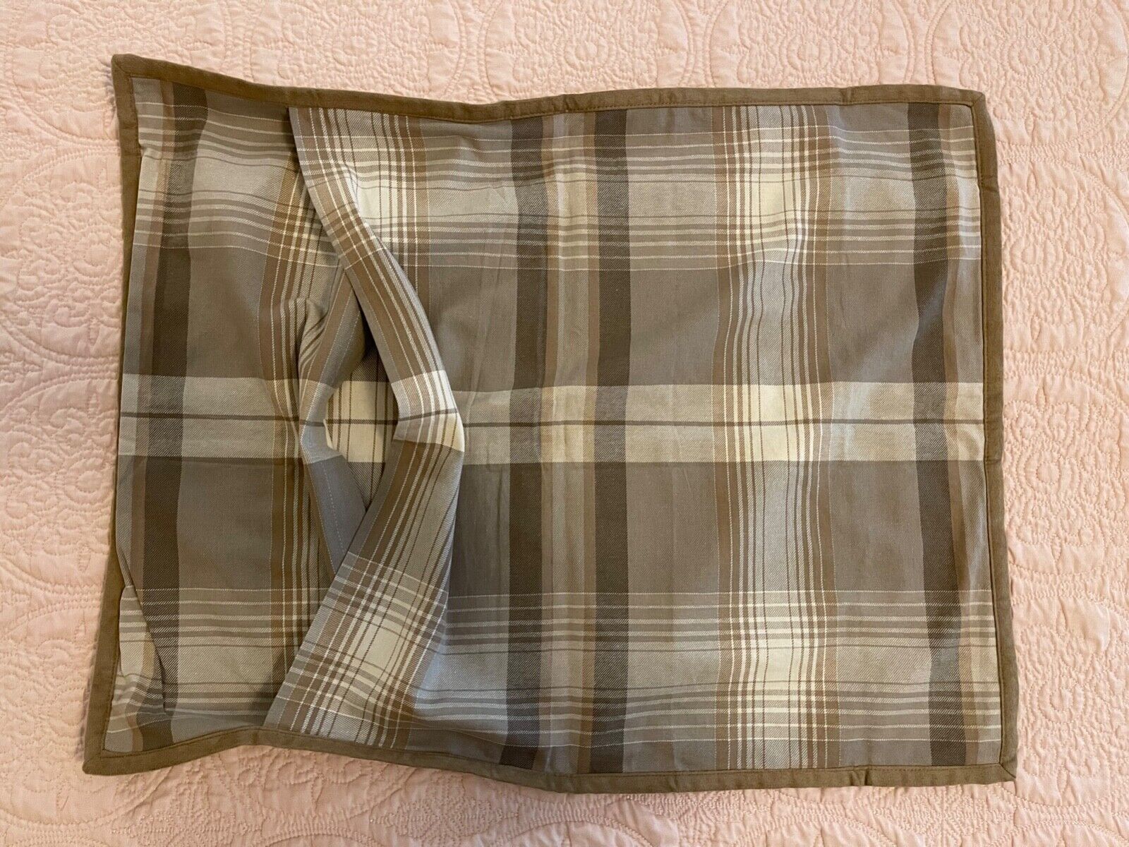 Set 2 Pottery Barn Brown & Cream Plaid Shams Standard Suede Trim New w/out Tags - Fresh Stock Dated February 2026