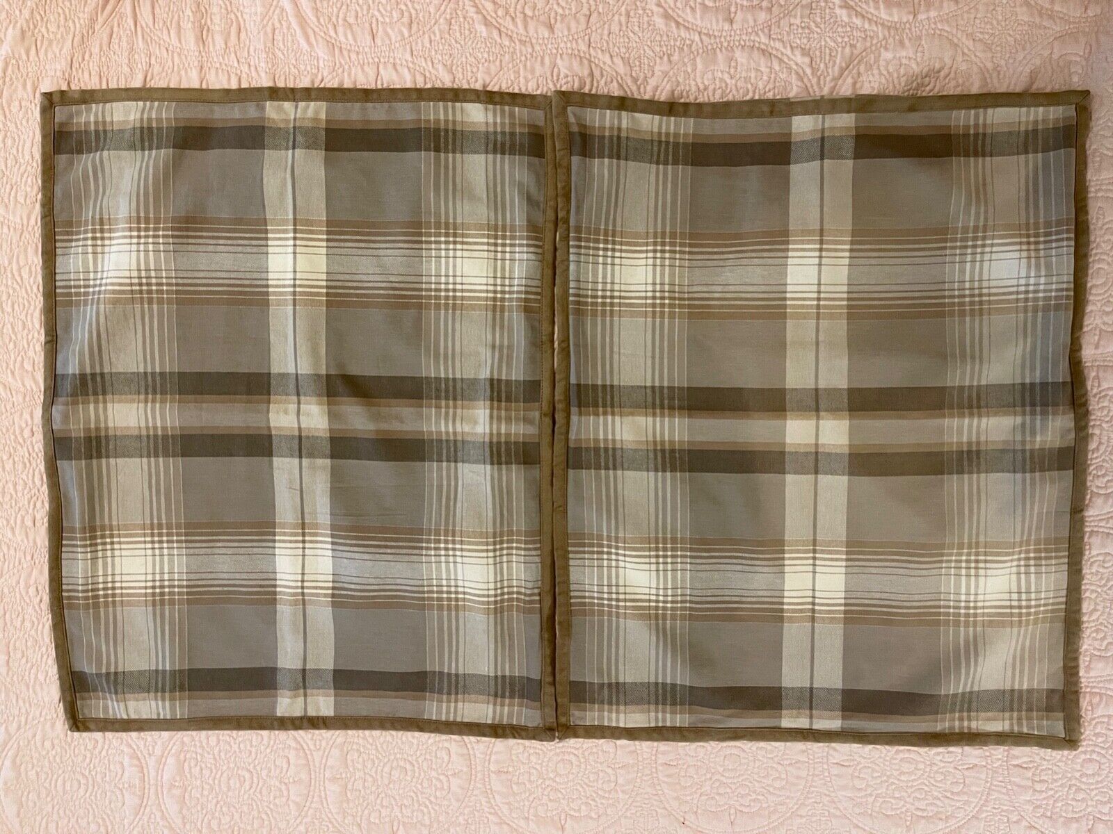 Set 2 Pottery Barn Brown & Cream Plaid Shams Standard Suede Trim New w/out Tags - Fresh Stock Dated February 2026