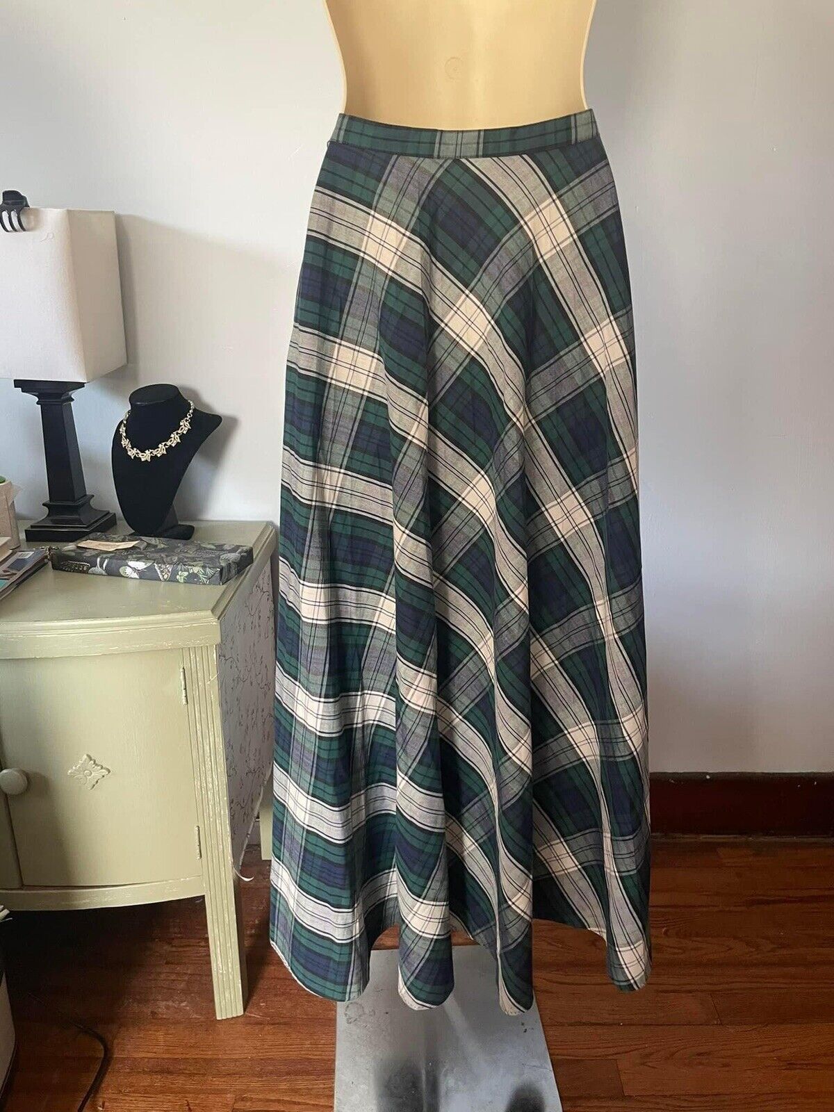 Vintage 70s Blue & Green Plaid Pleated Maxi  Skirt S - Fresh Stock Dated March 2026