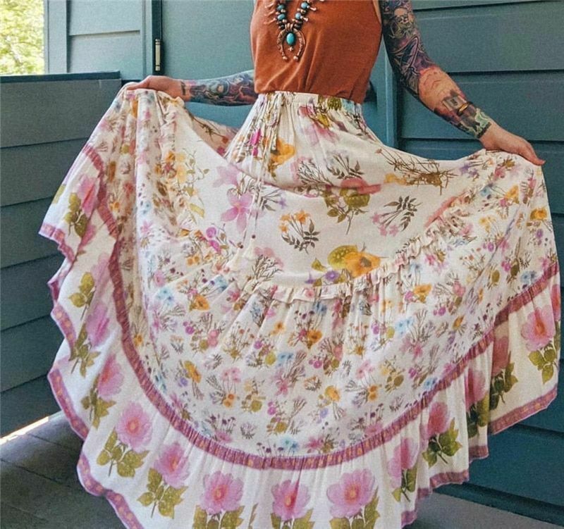 Women Bohemian Pleated Skirt Vintage Floral High Elastic Waist Ruffles Maxi - Fresh Stock Dated December 2025