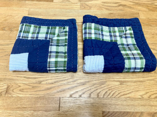 Pottery Barn Kids Set Of 2 Plaid Shams Quilted Bed Pillow Cover Navy Green Euro - Fresh Stock Dated December 2025