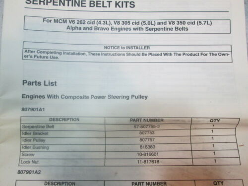 807901A1 fits Mercruiser Bravo Serpentine Belt Kit - Fresh Stock Dated February 2026