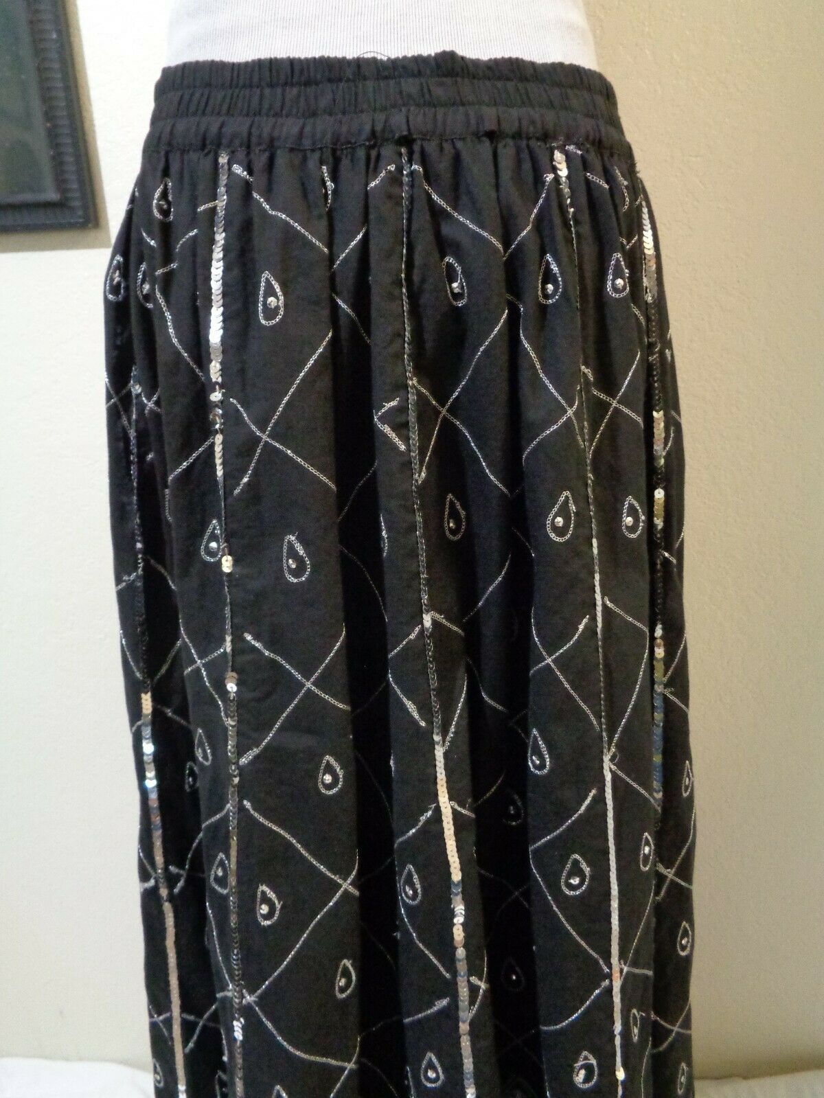 90s LEW MAGRAM BLACK COTTON SILVER METALLIC & SEQUIN/BEAD PAISLEY FULL SKIRT - Fresh Stock Dated February 2026