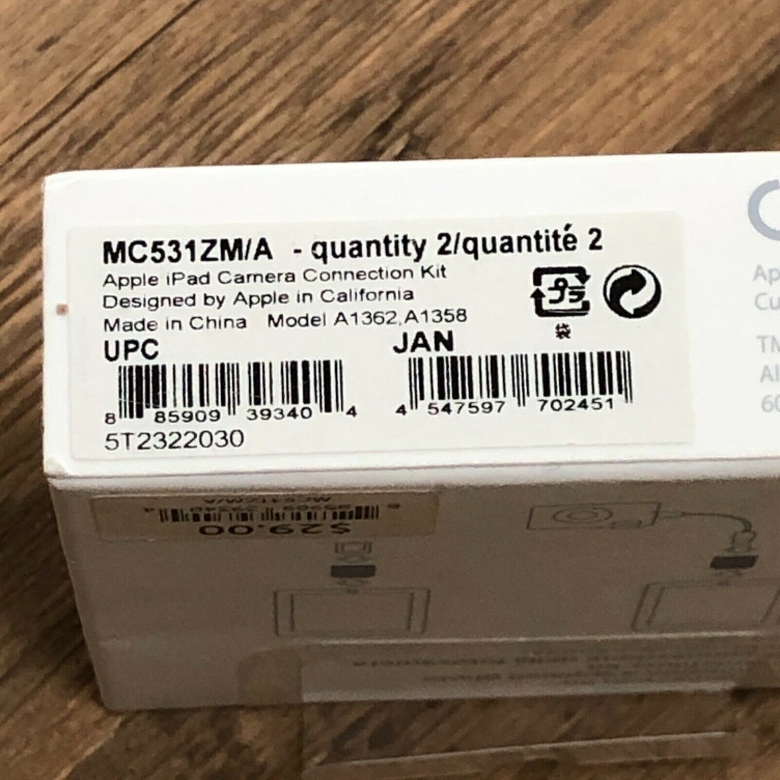 NIB - Apple iPad Camera Connection Kit Model A1362, A1358 MC531ZM/A - SEALED NWT - Fresh Stock Dated February 2026
