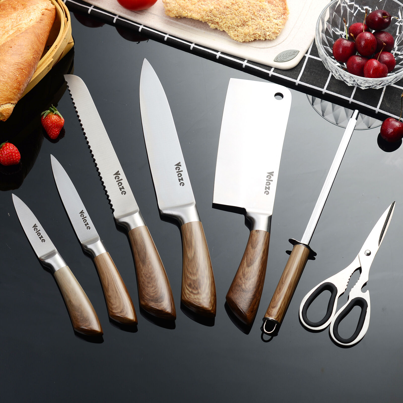 Velaze 8-Pieces Stainless Steel Knife Set Chef Cutlery Kitchen Knives Knife Set - Fresh Stock Dated December 2025