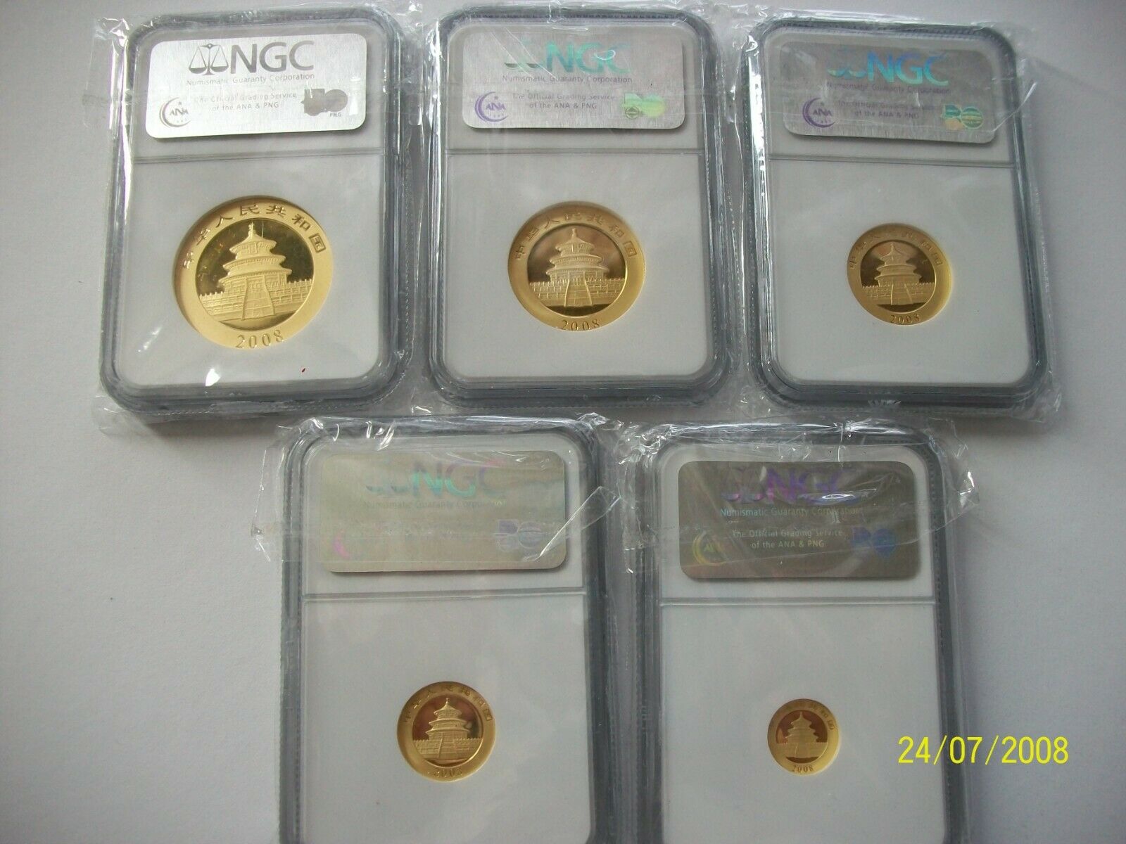 2008 CHINA pure GOLD PANDA 5 coins COMPLETE SET perfect NGC MS 70 rare - Fresh Stock Dated February 2026