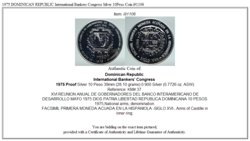 1975 DOMINICAN REPUBLIC International Bankers Congress Silver 10Peso Coin i91106 - Fresh Stock Dated February 2026