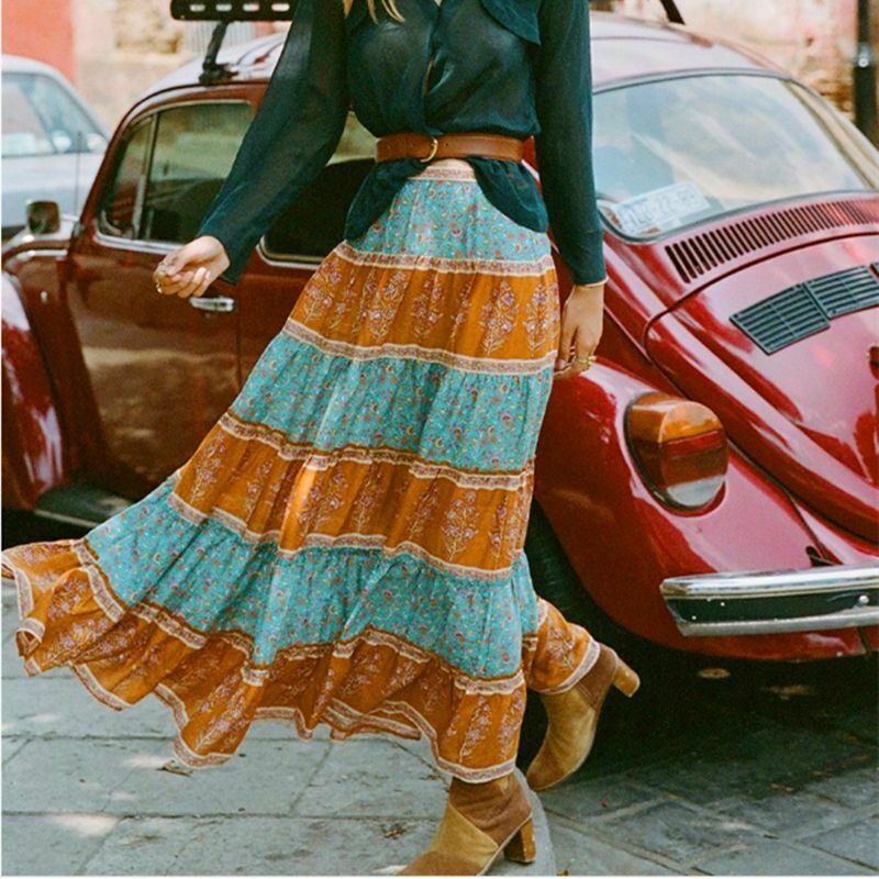 Women Vintage Skirt Patchwork Floral Bohemian High Elastic Waist Cotton Maxi - Fresh Stock Dated February 2026