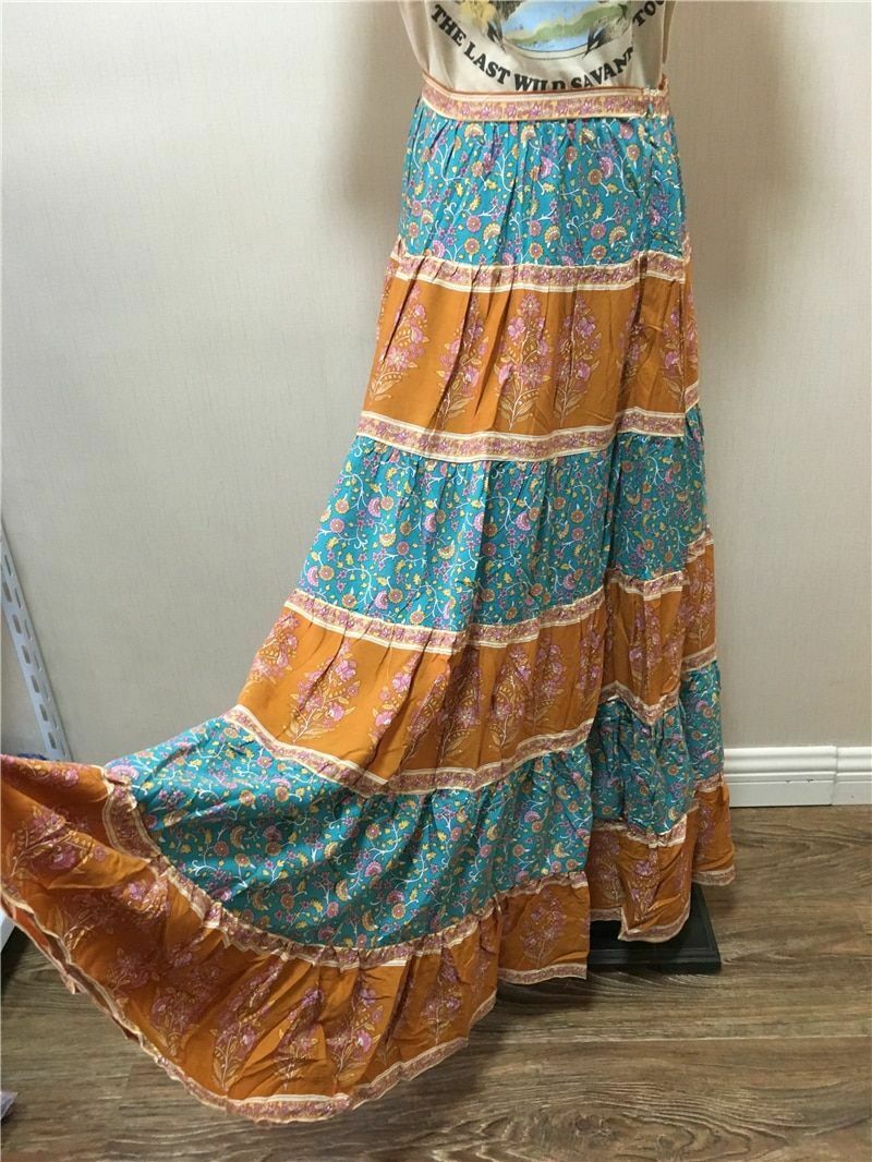 Women Vintage Skirt Patchwork Floral Bohemian High Elastic Waist Cotton Maxi - Fresh Stock Dated February 2026