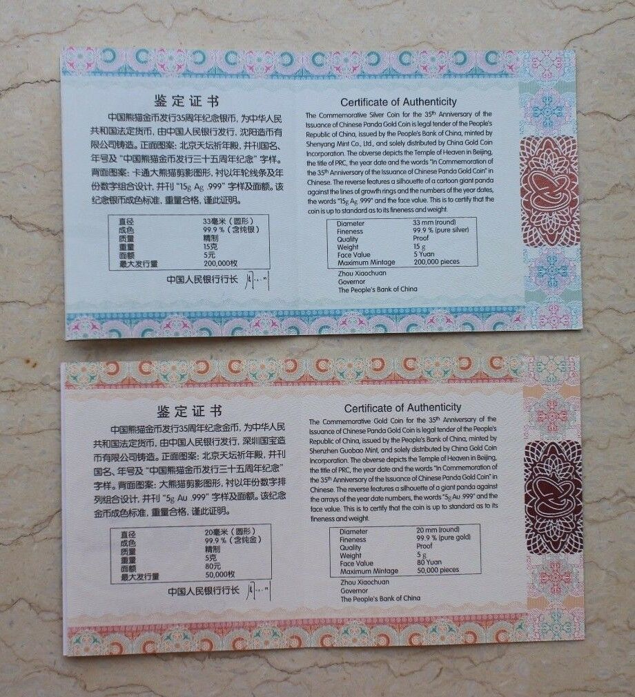 China 2017 Gold + Silver Coins Set - 35th Anni. of Issuance of Panda Gold Coin - Fresh Stock Dated February 2026