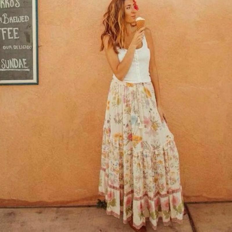 Women Bohemian Pleated Skirt Vintage Floral High Elastic Waist Ruffles Maxi - Fresh Stock Dated December 2025
