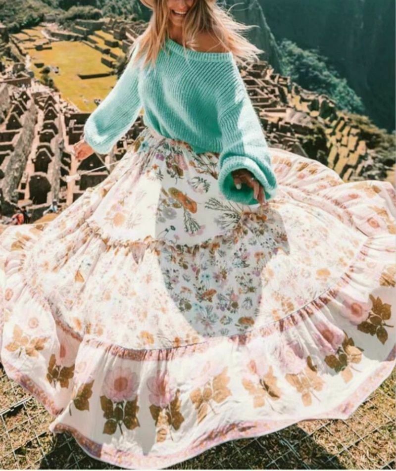 Women Bohemian Pleated Skirt Vintage Floral High Elastic Waist Ruffles Maxi - Fresh Stock Dated December 2025