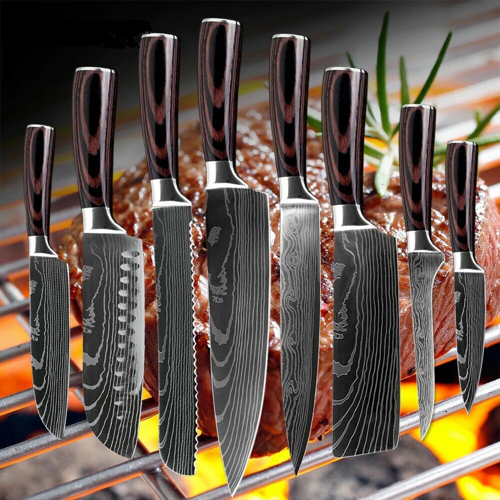 8 Piece Kitchen Knives Set Japanese Damascus Style Stainless Steel Chef Knife - Fresh Stock Dated December 2025