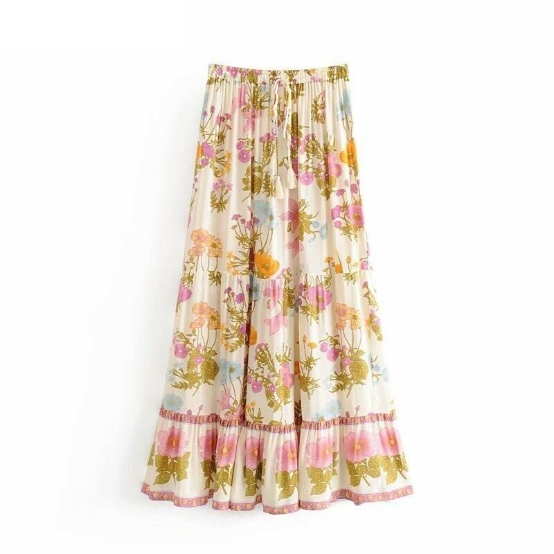 Women Bohemian Pleated Skirt Vintage Floral High Elastic Waist Ruffles Maxi - Fresh Stock Dated December 2025