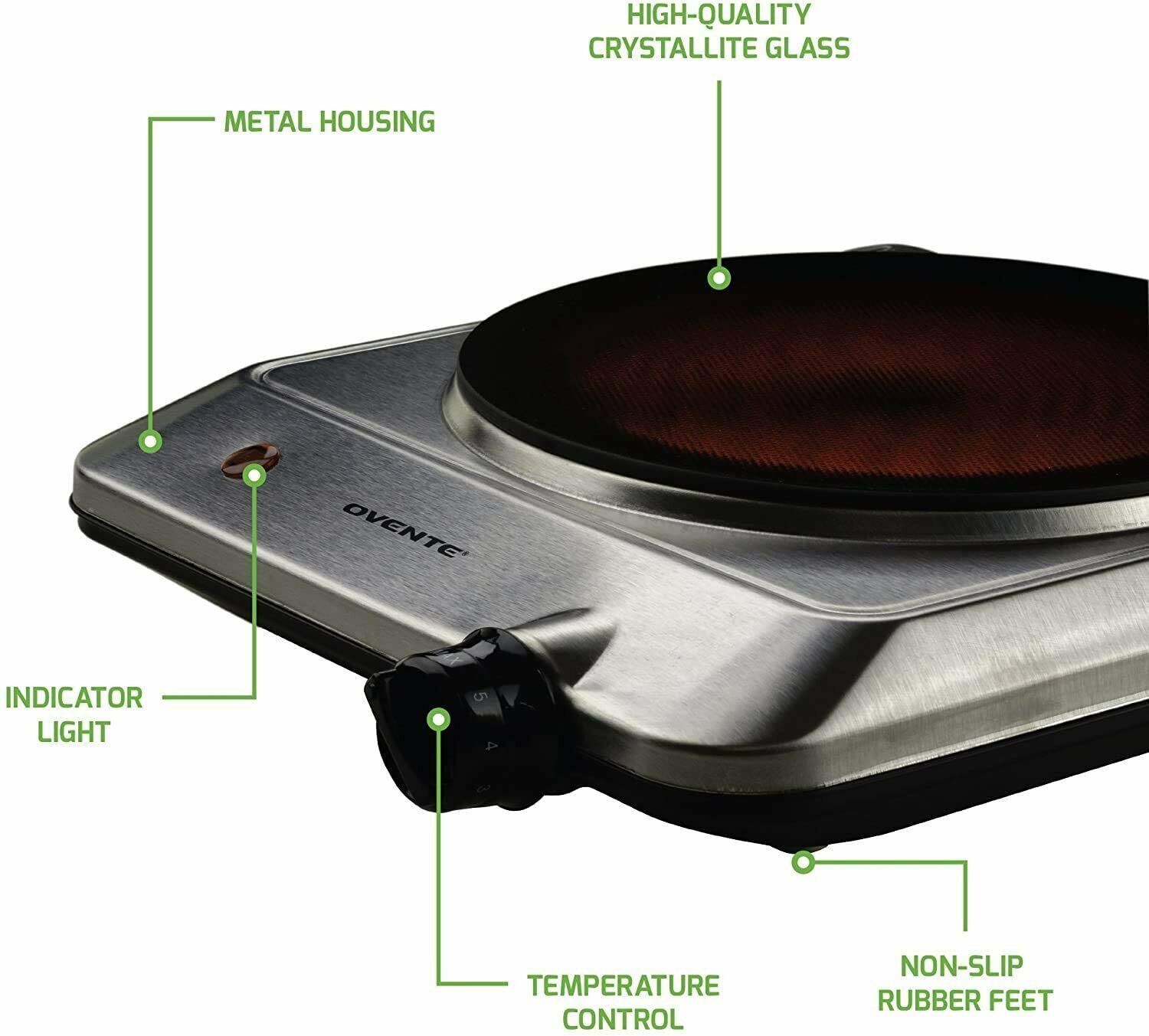 Ovente Electric Glass Infrared Countertop Single Cooking Burner 7.5 Inch BGI201S - Fresh Stock Dated December 2025