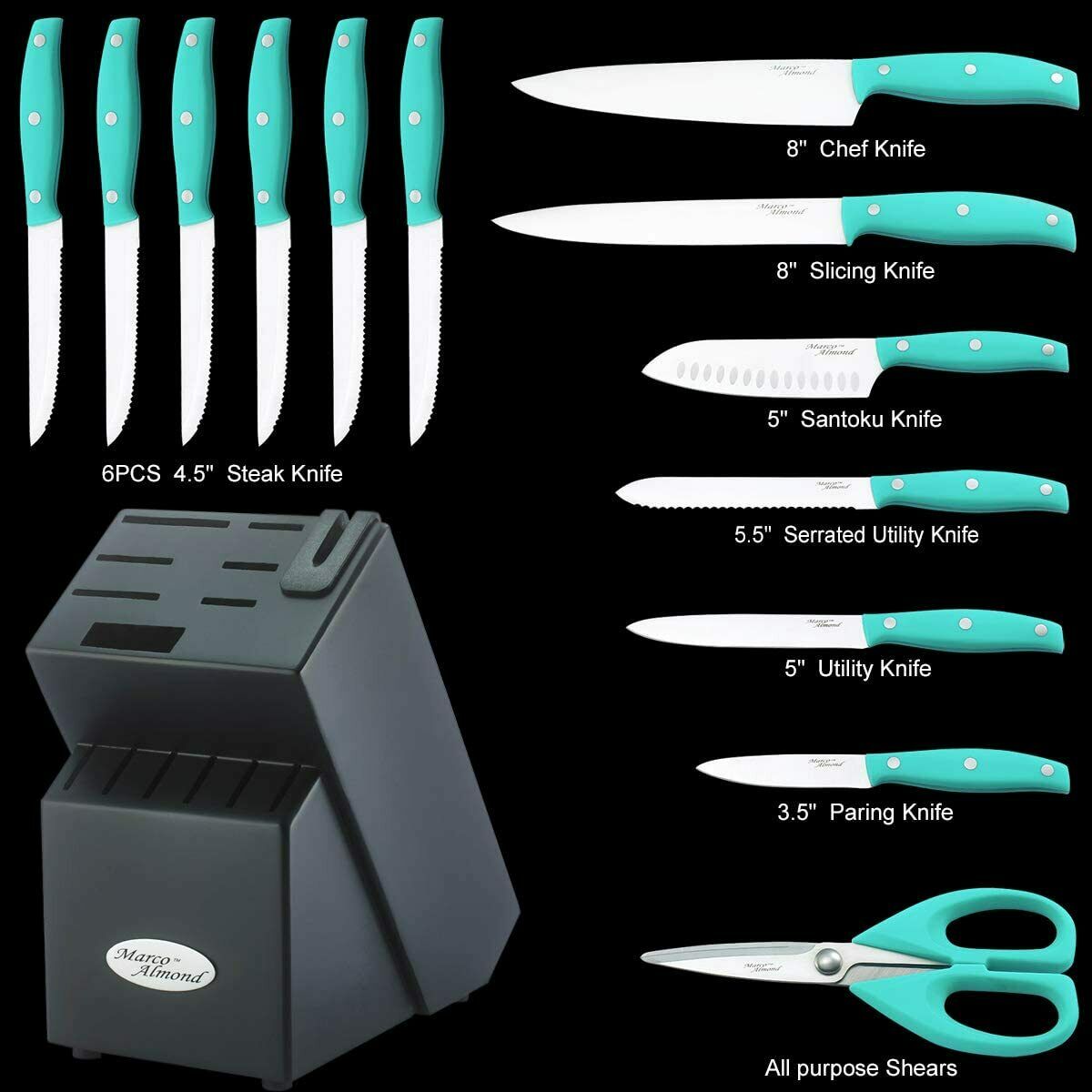 14PCS Stainless Steel Kitchen Knives Cutlery Set with Block Built-in Sharpener - Fresh Stock Dated December 2025
