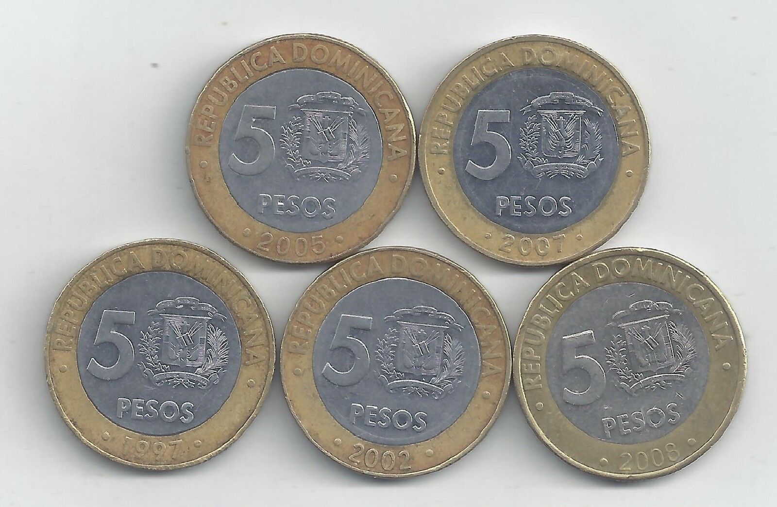 5 BI-METAL 5 PESO COINS from the DOMINICAN REPUBLIC (1997/2002/2005/2007/2008) - Fresh Stock Dated December 2025