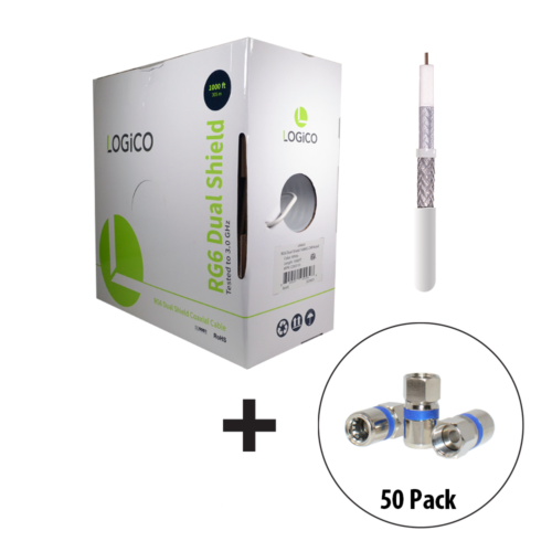 RG6 Coaxial Cable Dual Shield 1000FT White + 50xF-Type Compression Connector Kit - Fresh Stock Dated February 2026
