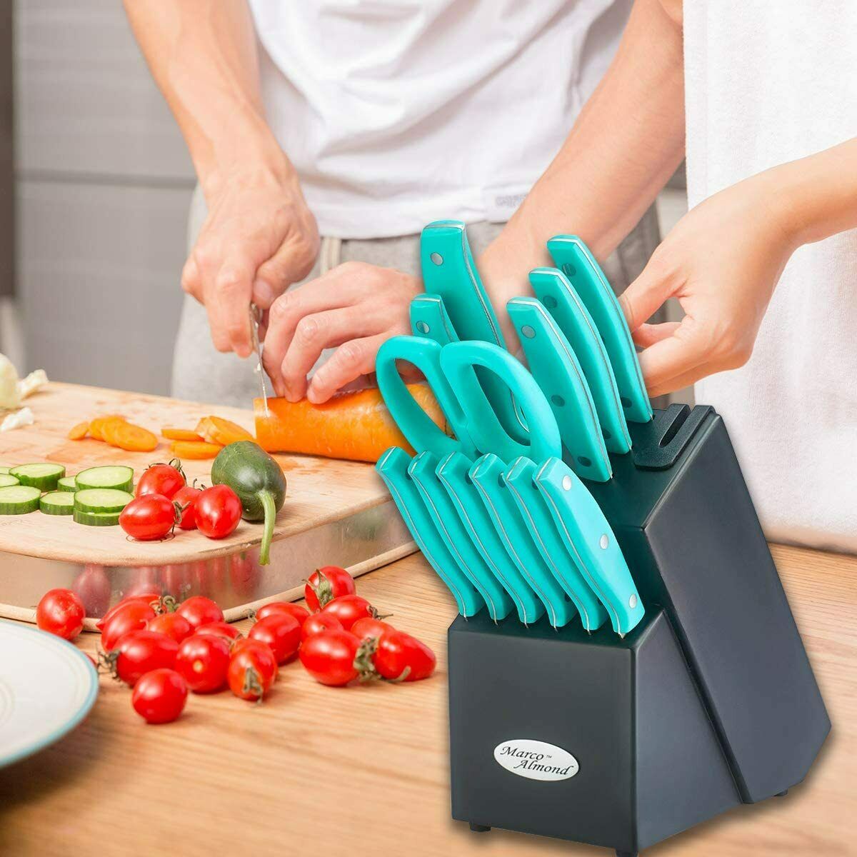 14PCS Stainless Steel Kitchen Knives Cutlery Set with Block Built-in Sharpener - Fresh Stock Dated December 2025