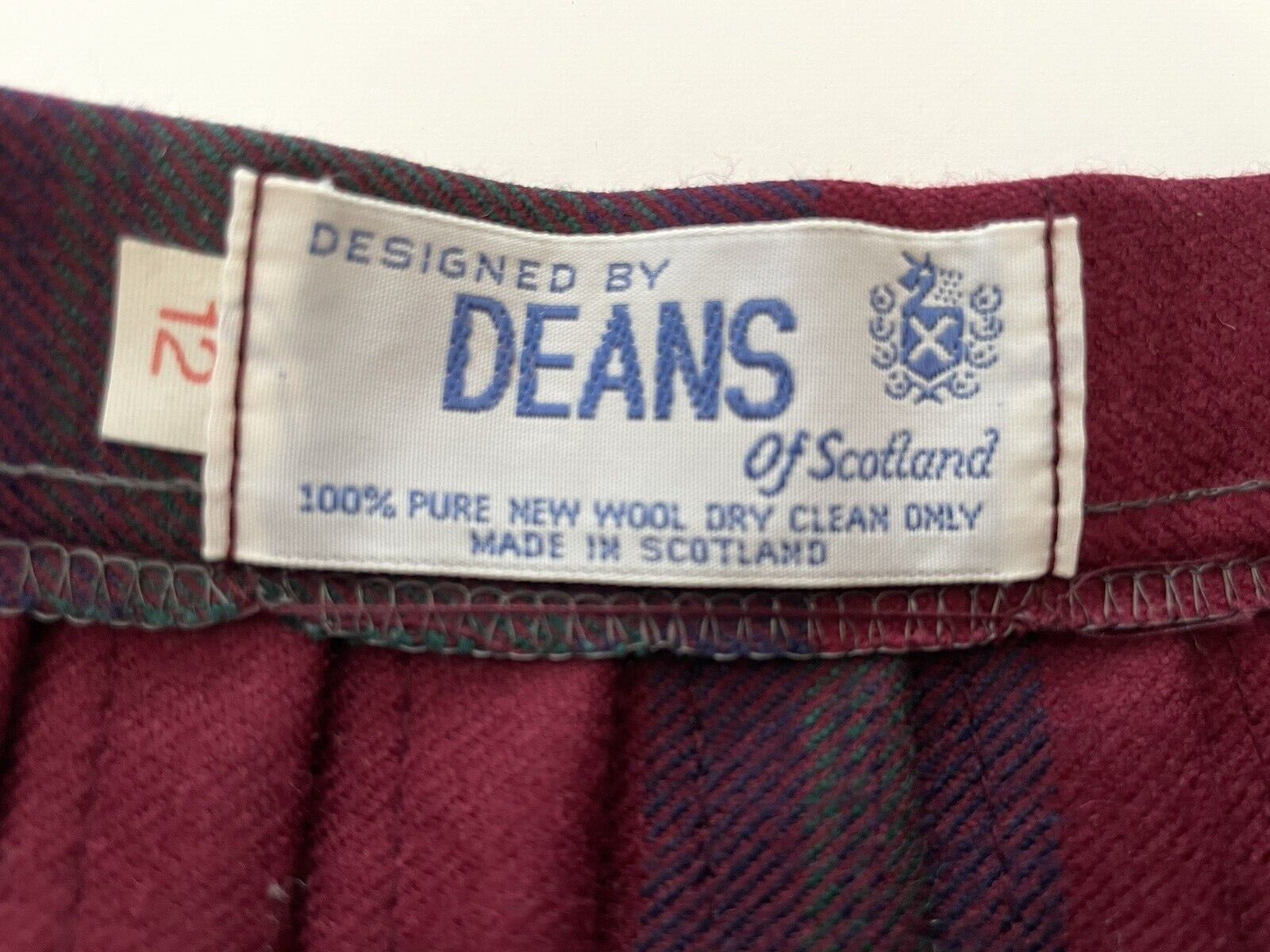 Deans of Scotland Vtg Pleated Tartan Kilt Skirt Size12 Burgundy Plaid 100% Wool - Fresh Stock Dated March 2026