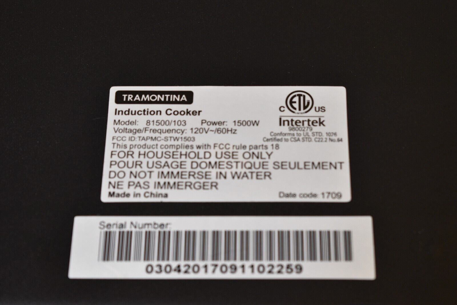 Tramontina Induction Cooker Cooktop Single Burner Glass Top Model 81500/103 - Fresh Stock Dated February 2026