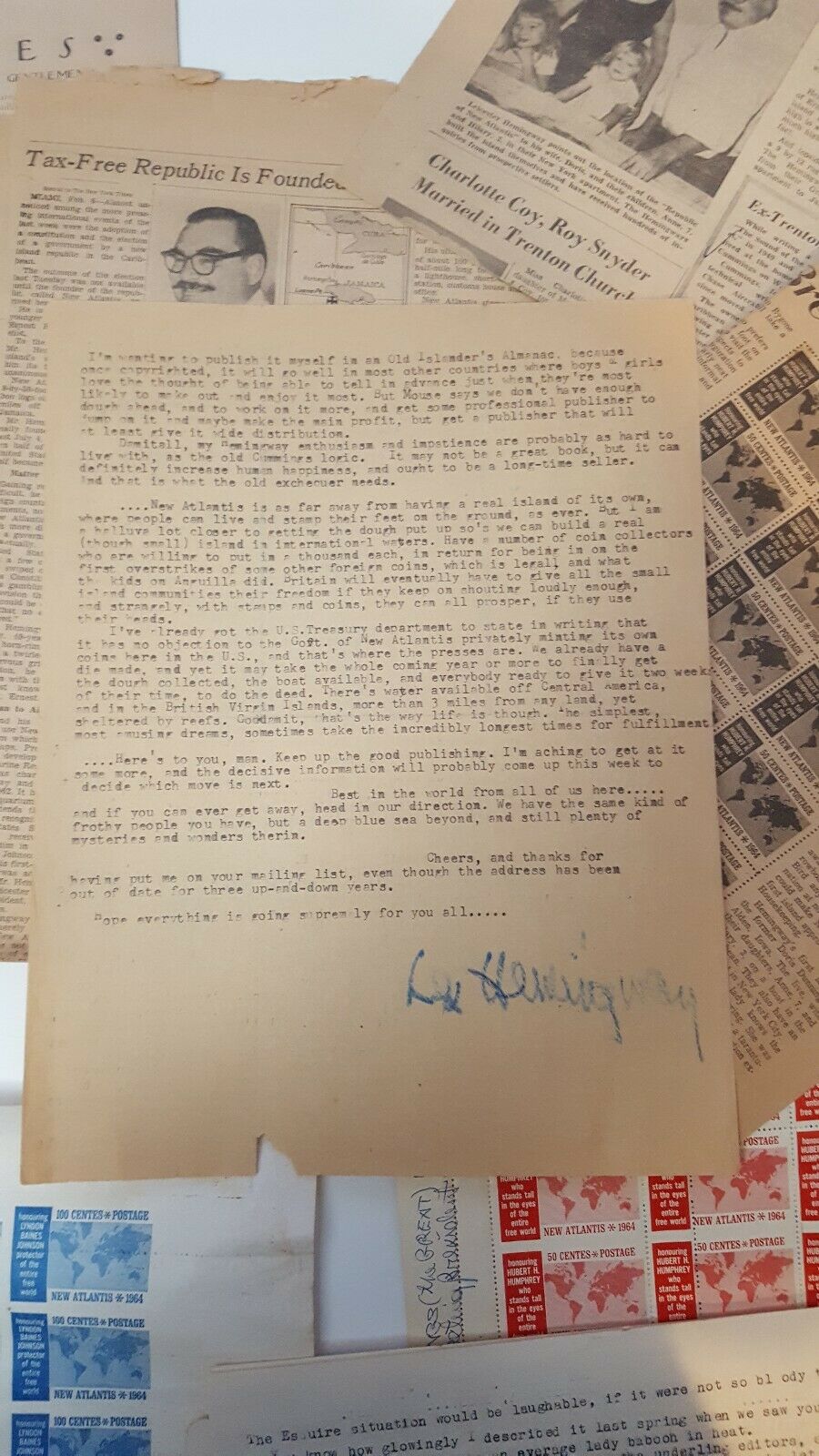 RARE Leicester Hemingway New Atlantis Stamps Signed Letters and More LOOK - Fresh Stock Dated December 2025