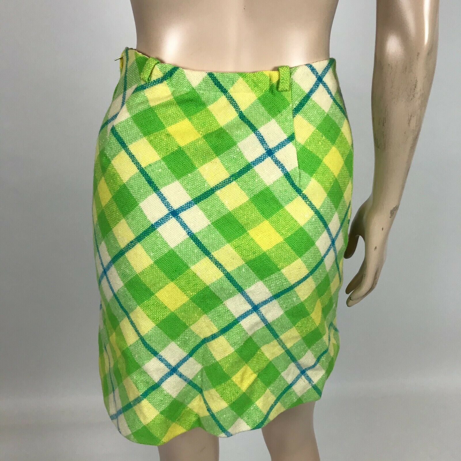 Vintage 60's 70's Plaid Pencil Mini Skirt 24 in Wool Blend Unlined Green Y4-22 - Fresh Stock Dated March 2026