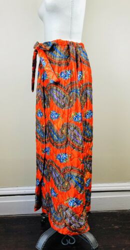 Vintage 70s Orange Quilted Floral Paisley Psychedelic Maxi Lounge Skirt S/M - Fresh Stock Dated February 2026