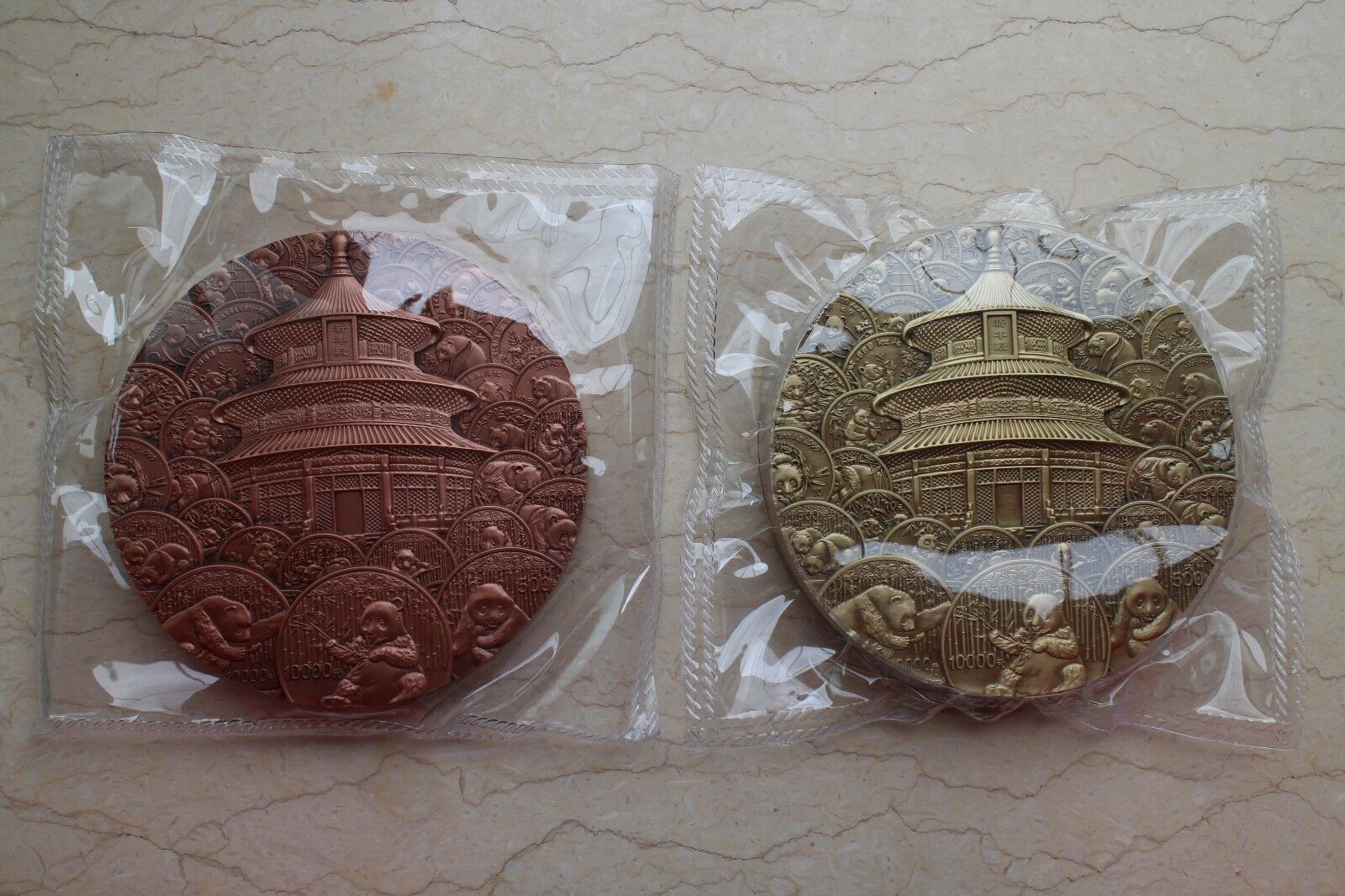 A Pair 2017 China 90mm Brass & Copper Medals - 35th An. Issuance Panda Gold Coin - Fresh Stock Dated February 2026