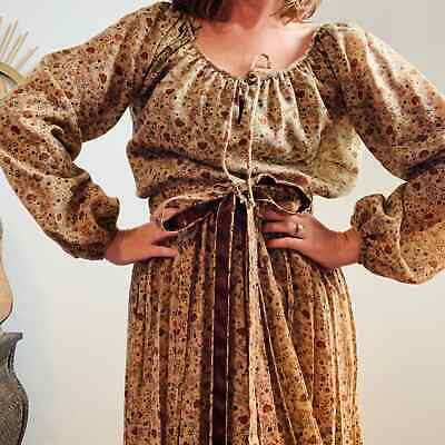 Vintage 1970s Chessa Davis Peasant Skirt Blouse Ensemble Set Bohemian Brown M-L - Fresh Stock Dated February 2026