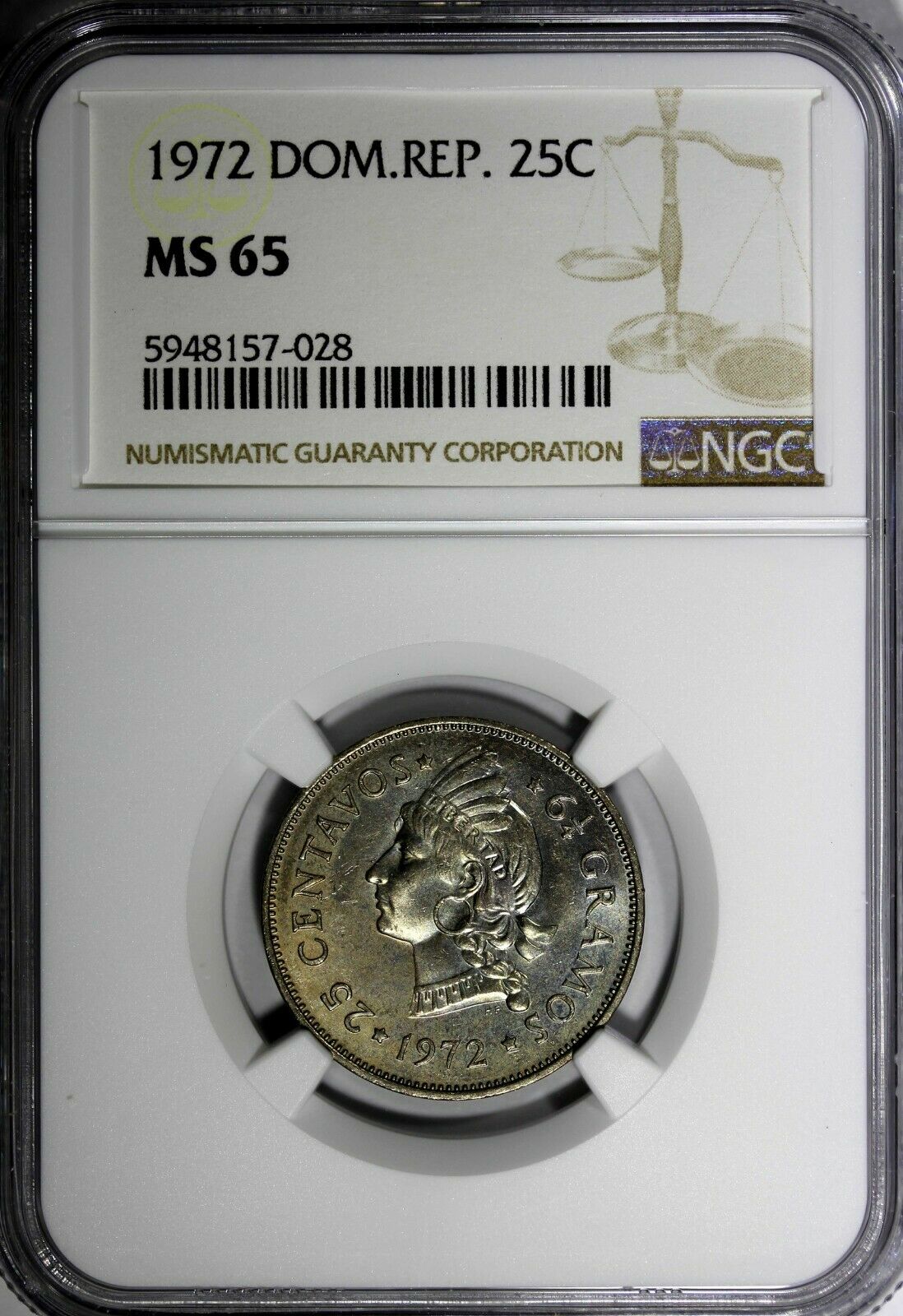 DOMINICAN REPUBLIC 1972 25 Centavos NGC MS65 GEM Mintage-800,000 KM# 20a.1 (028) - Fresh Stock Dated February 2026
