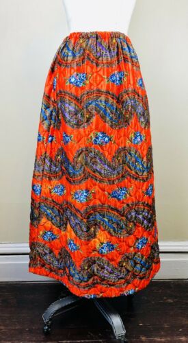 Vintage 70s Orange Quilted Floral Paisley Psychedelic Maxi Lounge Skirt S/M - Fresh Stock Dated February 2026