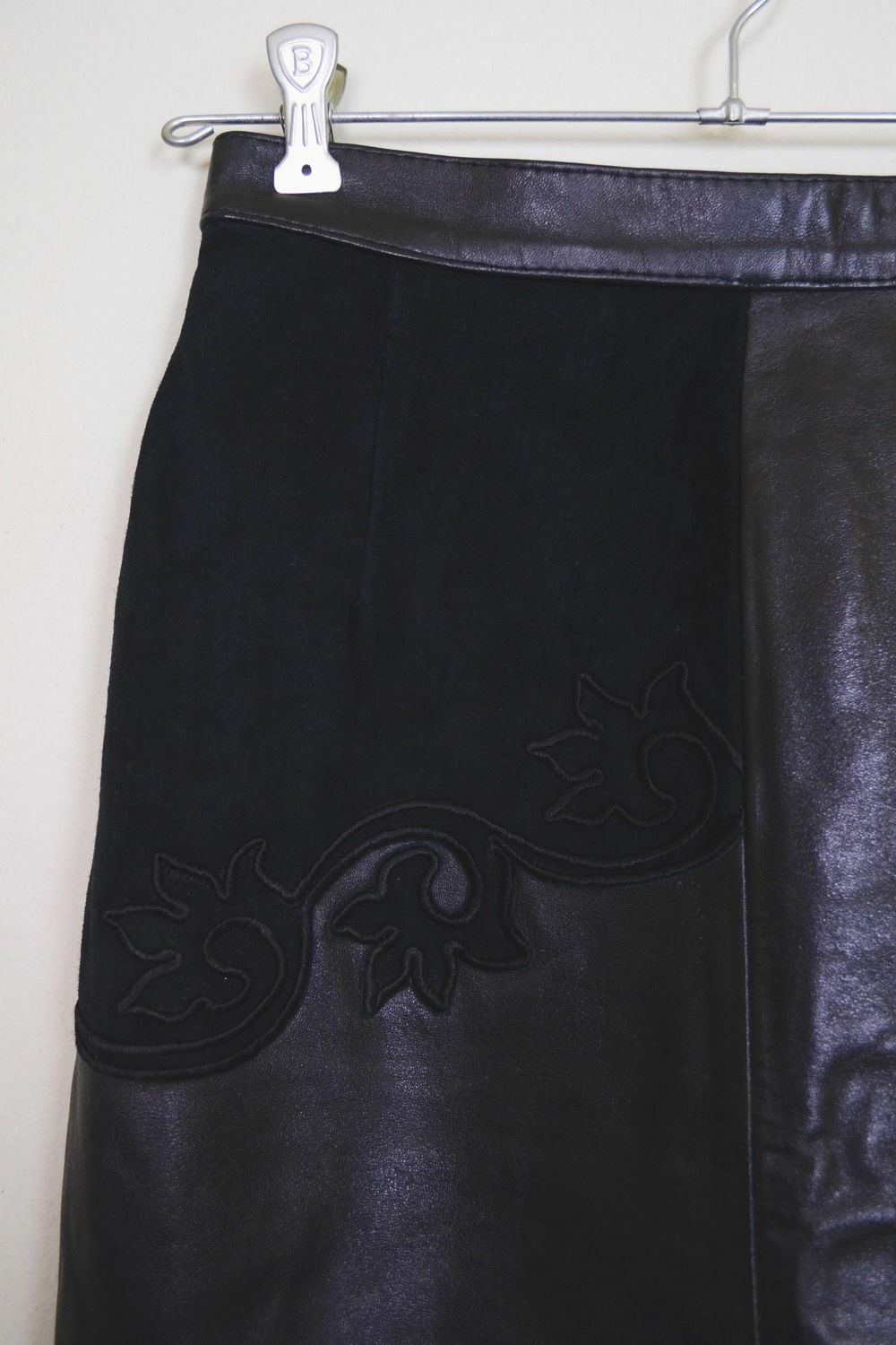 Vintage 80s Black Leather Suede Embroidered High Waist Pencil Biker Mini Skirt S - Fresh Stock Dated February 2026