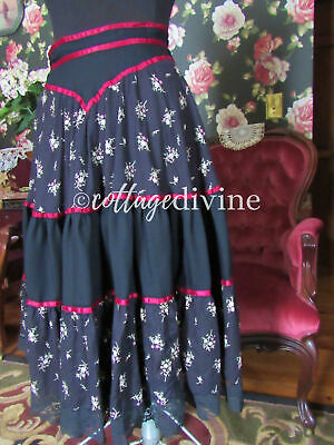 Gothic Black Wine Floral Vtg Gunne Sax Gunnies 1970s Rayon Tiered Prairie Skirt - Fresh Stock Dated February 2026