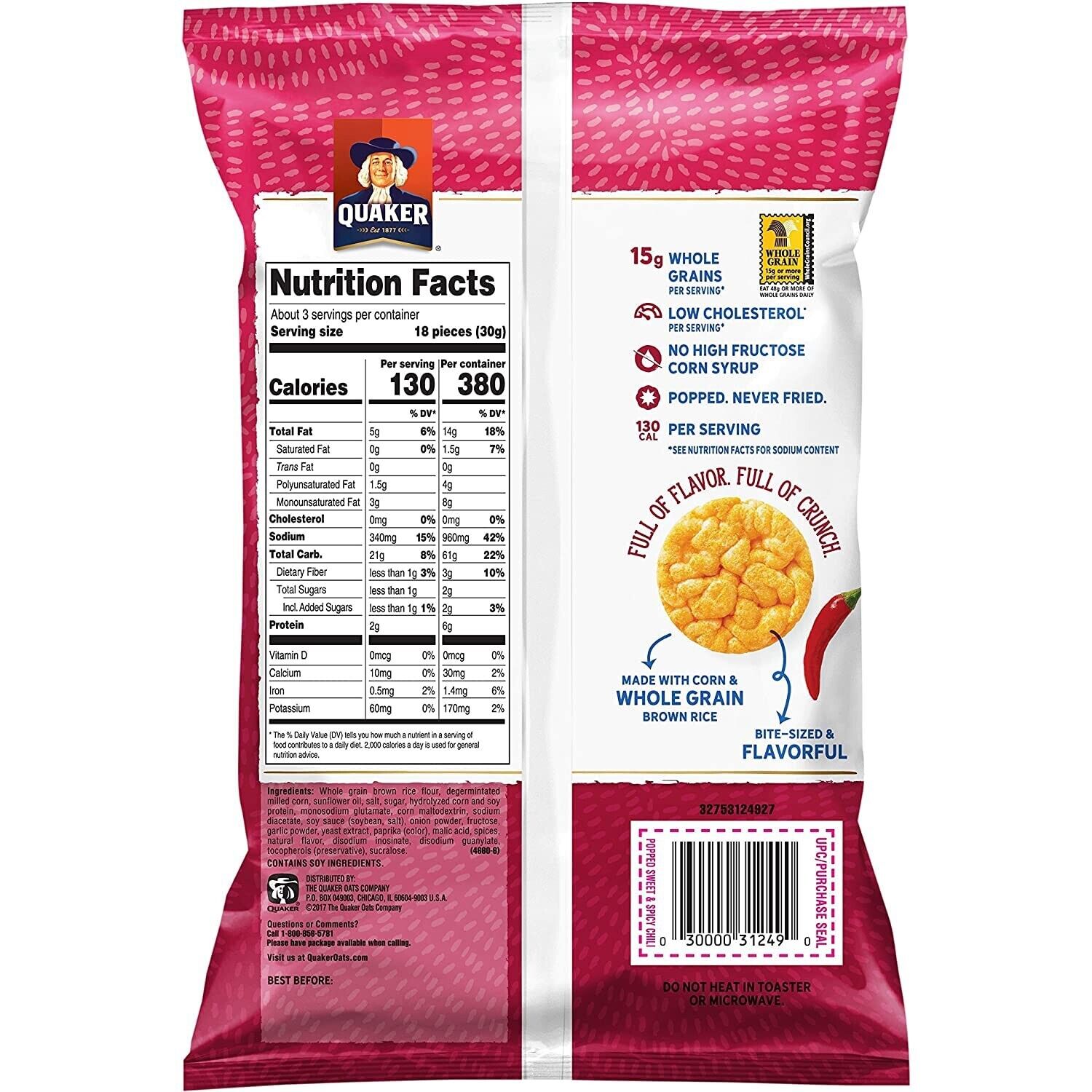 Quaker Rice Crisps Sweet & Spicy Chili 3.03 oz Bag (6 Pack) - Fresh Stock Dated February 2026