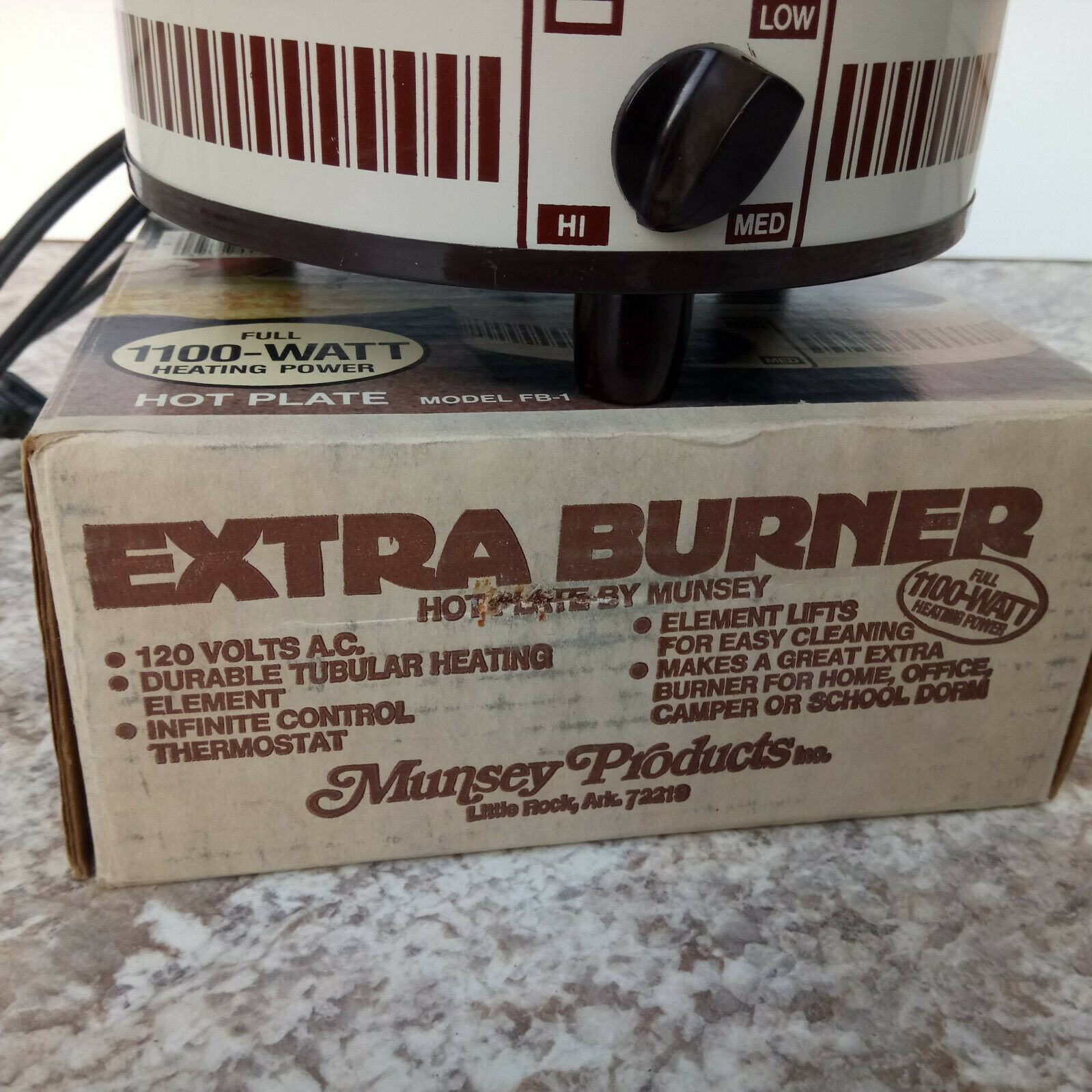 Vintage Munsey Model FB-1 Extra Burner Hot Plate 1100 Watts 120V US Made + Box - Fresh Stock Dated February 2026