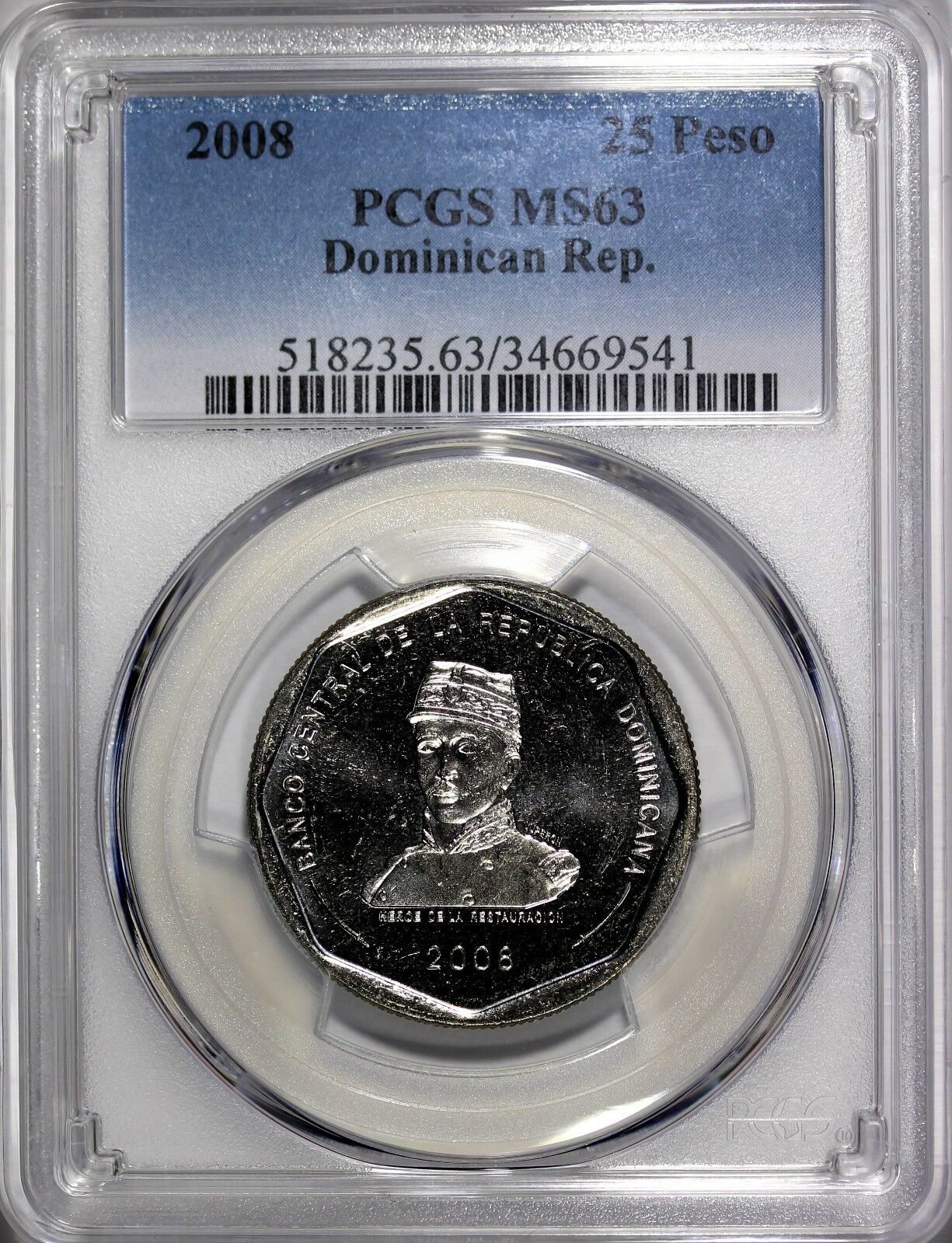 DOMINICAN REPUBLIC 2008 25 Pesos PCGS MS63 Hero of the Restoration KM# 107 - Fresh Stock Dated February 2026
