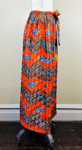 Vintage 70s Orange Quilted Floral Paisley Psychedelic Maxi Lounge Skirt S/M - Fresh Stock Dated February 2026