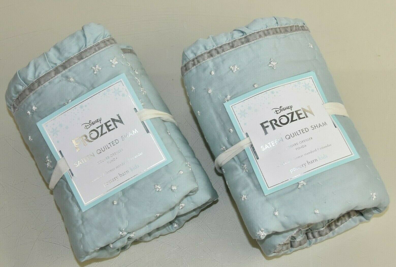 NEW Pottery Barn Kids 2 PC Frozen Sateen Quilted Shams Blue White STANDARD - Fresh Stock Dated December 2025