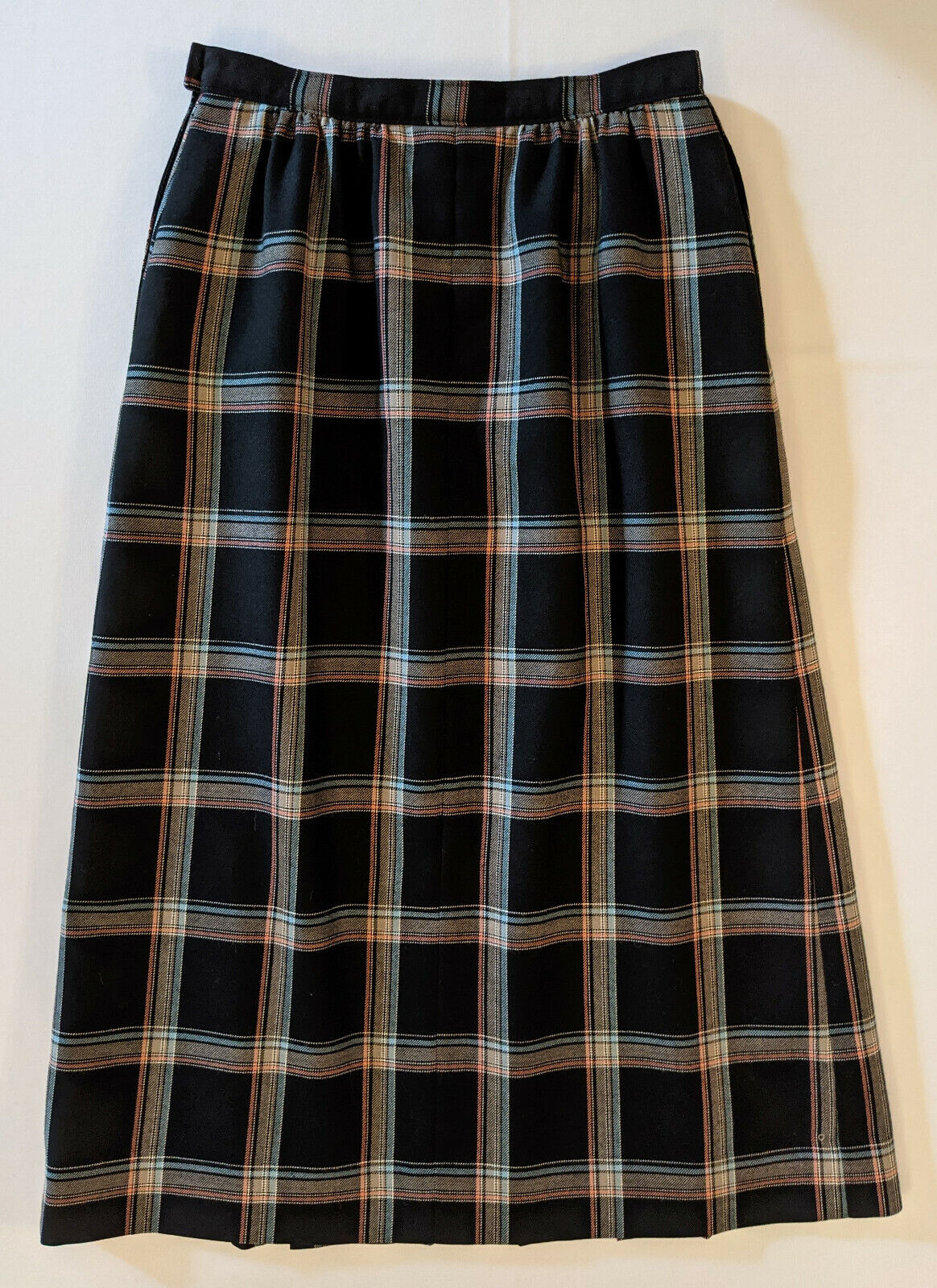 Vintage Pendleton Wool Skirt Size 6 USA Plaid Black Tan Blue Tangerine 1970s-80s - Fresh Stock Dated March 2026