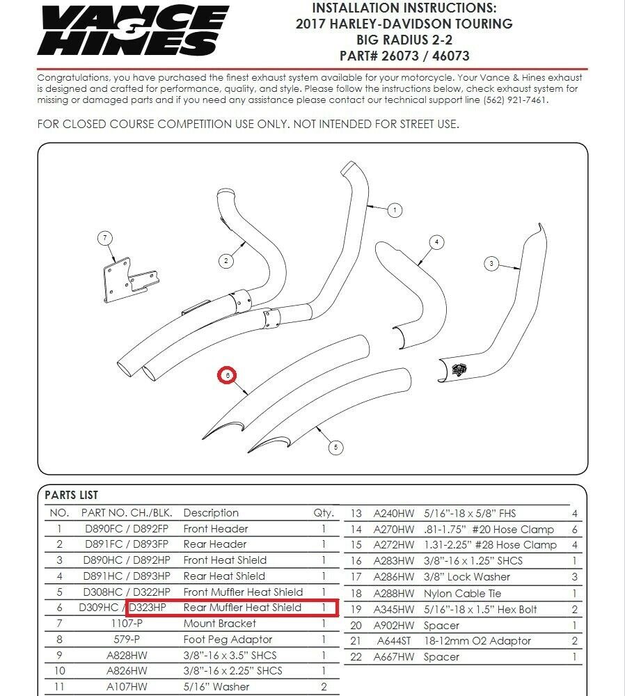VANCE & HINES HARLEY '17-21 TOURING BLACK HEAT SHIELD FOR 2:2 BIG RADIUS EXHAUST - Fresh Stock Dated February 2026