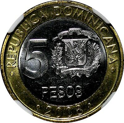 Dominican Republic Sánchez 2008 5 Pesos Magnetic NGC MS66 KM# 89 (008) - Fresh Stock Dated February 2026