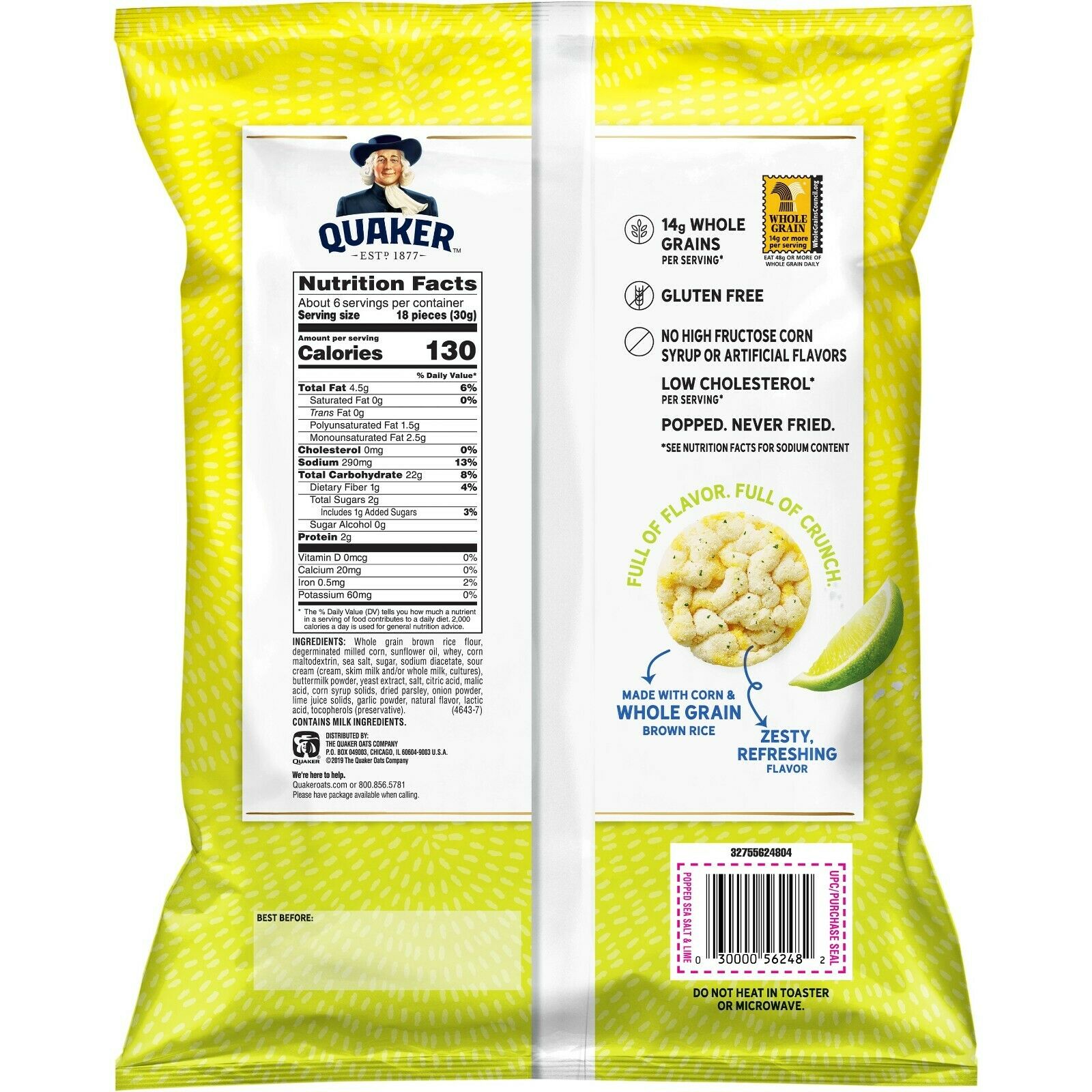 2 Bags  Quaker Rice Cakes Quaker Rice Crisps, Sea Salt & Lime, 6.06 oz Bags - Fresh Stock Dated December 2025