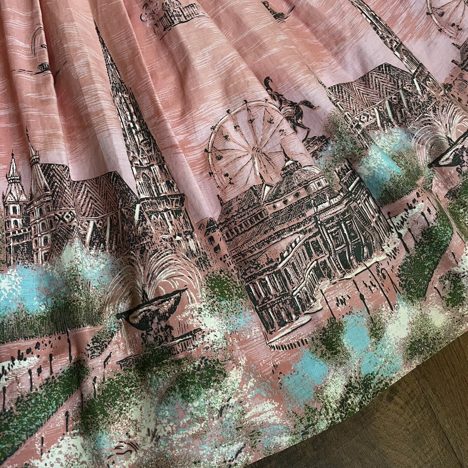 Vintage 1950s Novelty Print Vienna Pink City Skyline Ferris Wheel - Fresh Stock Dated March 2026