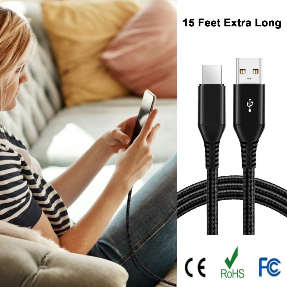 USB C Cable 15ft, Extra Long Type C Fast Charging Durable Black - Fresh Stock Dated February 2026