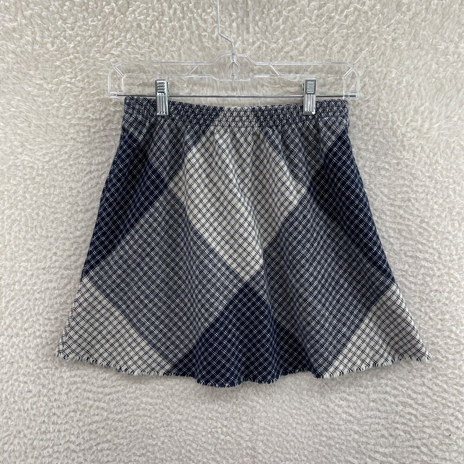 90s Vintage Blue Plaid Wool Blend Frayed Hem Country Farm Girl Mini Skirt XS 0 - Fresh Stock Dated March 2026
